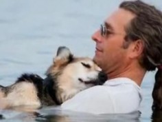 John Unger adopted his dog Schoep when he was a  Schoep is 19 years old and has 's in pain and can't  owner John trying to find a solution to his pain discovered that the water from the lake helps relax Schoep so every night he takes his dog Schoep for a swim in the lake so he can get some  photo was captured by Hannah Stonehouse  wanted to portray the unlimited love this owner has for his  photo has been viewed by millions on facebook