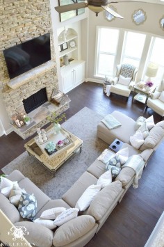 Kelley Nan: Cool Tone Spring Ready Living Room Tour- Two story neutral living room with two story windows in family room | Versatile Gray by Sherwin Williams | Dark hardwood floors in Nottaway Hickory Weathered Saddle | Gray sectional sofa | Built-ins on either side of stacked stone fireplace in family room