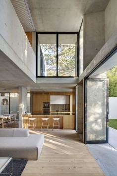 Kitchen, dining area, and living room in natural colors, wood, and concrete by Nobbs Radford Architects