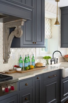 Kitchen Ideas. Kitchen Charcoal Cabinet Paint Color. White Glass Arabesque Backsplash. 