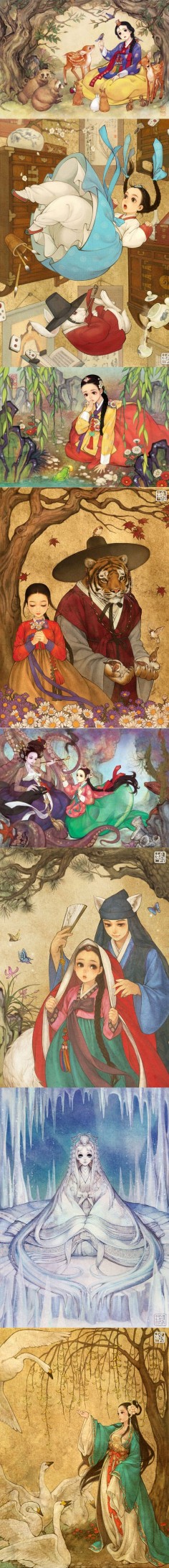 Korean illustrator, Na Young Wu (also known as @00obsidian00 on Twitter), gives Western fairy tales a whimsical Eastern makeover ~ Snow White, Alice in Wonderland, Princess and the Frog, Beauty and the Beast, Little Mermaid, Little Red Riding Hood, Frozen, and Swan Princess.