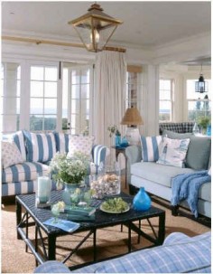 light and bright family room, adore the lantern not to mention the FABULOUS blue and white color scheme