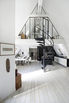 Loft in Paris kitchen and dining room in black and white. Love the spiral staircase in the middle.