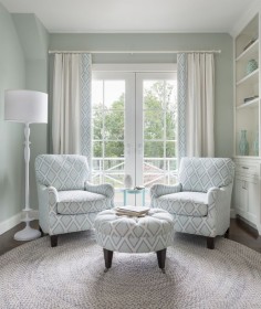 love the subtle pattern of the chairs and how it's repeated as a border on the drapes