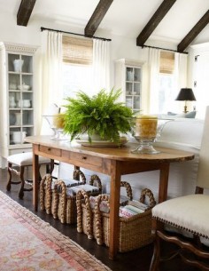 Love the table behind the sofa with twin baskets