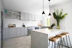Love this grey kitchen look with open shelving and carrara stone please! :) Three Birds Renos