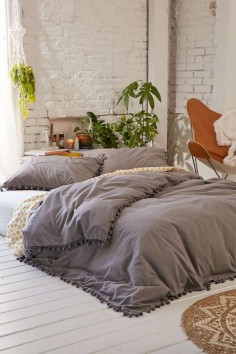 Magical Thinking Pom-Fringe Duvet Cover in Gray size Queen