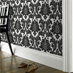 Majestic Damask Feature wall wallpaper Black & White  / metallic silver outline