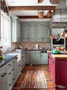 Make a rustic kitchen appear as if it was furnished over time with a rough-texture tiled backsplash.