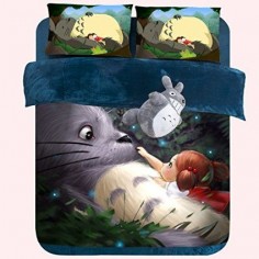 MeMoreCool Home Textile Japanese Miyazaki Hayao Animation My Neighbor Totoro Cartoon Kids Students 4 Piece Bedding Set Thicken Totoro Bed Clothes Short Plush Velvet Warm Duvet Covers Queen Size