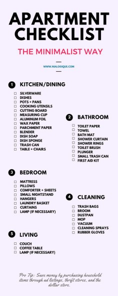Minimalist Apartment Checklist | Check out this awesome, minimal infographic focusing on all of the essentials for your next rental! Everything from the kitchen and dining room area, to the bathroom, bedroom, living room, and even all of the necessary cleaning supplies.