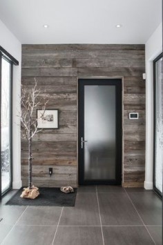 Modern Entryway with High ceiling, ETO Interior Solid White Primed Doors, Stikwood Reclaimed Weathered Wood, Carpet