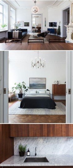 Modern looks even better against a traditional  I would LOVE to find a pre-1920s apt with crown mouldings and high ceilings like this!
