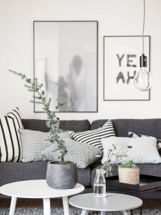 monochrome living room, collection of black and white cushions