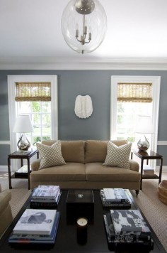 Morrison Fairfax Interiors: Lovely blue and brown living room with steel blue walls paint color with glossy white ...