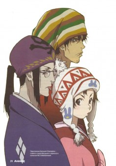 Mugen, Jin, and Fuu from Samurai Champloo, wearing funny hats. :3 I'm very happy about that