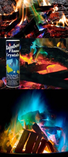 Mystical Fire Rainbow Flame Crystals: Transforms Any Fire. Use the Rainbow Fireplace Flame Crystals on any fire to create spectacular and mystical green and blue flames. #firemagic #firepowder