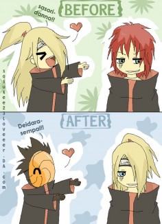 Naruto Shippuden » Humor » Comic | Before: Sasori-danna! After: Deidara-sempai! | #deidara #sasori #tobi ~Aw so true