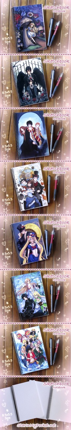 New anime sketchbooks or journal notebooks at my etsy store!! ^___^  ♥♥ Alice in Wonderland, Black Butler, Harry Potter, Korra, Sailor Moon, Sword Art, and One Piece ♥♥
