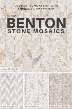 New Benton Stone Mosaics in Braid pattern. Tiles come in Calacatta Borghini, Carrara/White Thassos, White Thassos/Shell, and Athens Silver Cream.