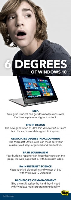 Now’s the time students start thinking about what’s next. Maybe they’re on their way to college. Maybe they’re heading off into the real world. Either way they’ll need all the support they can get. And whatever their degree, Windows 10 is designed to help them succeed. This isn’t just an operating system, it’s a life hack built to make anyone do more. Look to Best Buy to find out 