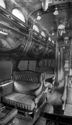 Oh what stories this train car could tell! Interior of Rococo period Pullman car. late 1800s