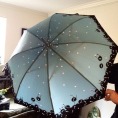 One of a kind Soot Sprite umbrella, designed after Hayao Miyazaki's Spirited away soot sprites. Made from 100% polyester pongee waterproof fabric. Measures 41 inches in diameter and 33 inches long Note: This will be shipped directly from Hong Kong.