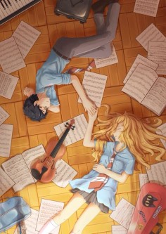 (Open RP) (Be him) You came to my house to work on creating a song for band. We are both very good at our instruments. I play violin, you play piano. It's lots of fun. We worked on a song through the whole night and finally finished. We were supposed to turn it in today. But instead I wake up to find us laying on the floor, sheet music scattered everywhere. And worse, we're late!!