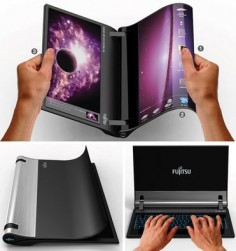Opening the book on laptops: The Real Notebook Designer Kim Min Seok takes the current advances in flexible display technology to the limit with his Real Notebook prototype. The system is made from a pair of bendable AMOLED displays held together by a cylindrical hinge that houses the system's battery.