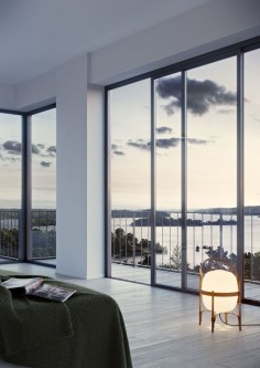 #oscarproperties Oscar Properties, Stockholm, interior, design, windows, stockholm, sweden, sea view, view, bedroom, lamp