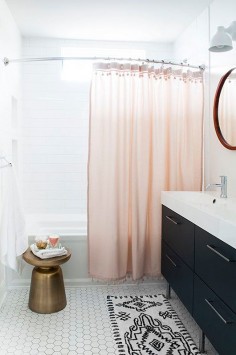 Pink shower curtain with pom pom trim | Chic black and white bathroom, bathroom design ideas