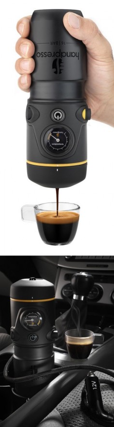 Portable Coffee Maker // simply plug the Handpresso into your car and have fresh brewed espresso on the go within minutes! Genius design! #product_design