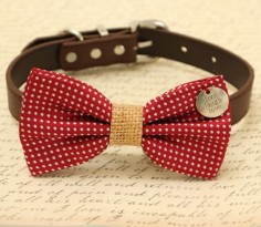 Red Dog Bow Tie, Burlap bow tie, Bow tie attached to brown dog collar, Bow with charm, Live,Laugh, Love,Christmas gift, dog lovers,cute gift