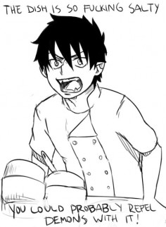Rin the demon giving cooking advice, which is totally legit considering how well he can cook,