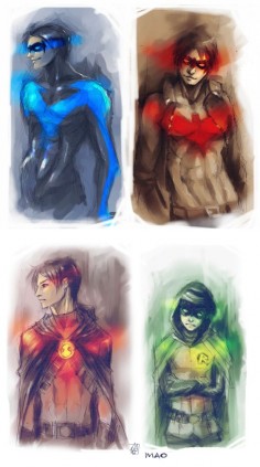 RobinS by ~AkiMao on deviantART -The Four Robins: Dick Grayson, Jason Todd, Tim Drake, and Damian Wayne