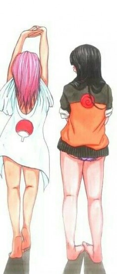 Sakura in Sasuke's shirt and Hinata in Naruto's shirt. This is so cute