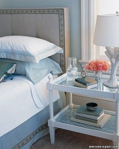 Serene sky hues take the bedroom far beyond beige when added to accents like a bed skirt, headboard trim, or side table.