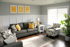 Shades of grey living room. Swap out the yellow for a turquoise or purple and I'm in love.