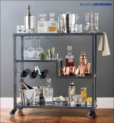 Short on counter space for holiday get-togethers? Roll in this bar cart for an instant and fun space-saving solution. It’s the most stylish and functional way to display all of your party drinks, glassware and hors d’oeuvres.