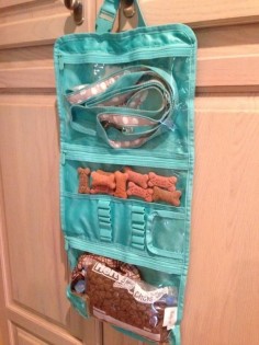 Stay organized with a doggie car organizer Convert a toiletry bag into an over the seat car organizer and keep all your dog’s stuff in one place. It will make your life easier and help speed up rest stops.