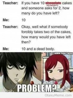 Strawberry cake, funny, text, L, Death Note, Erza, Fairy Tail, crossover; Anime
