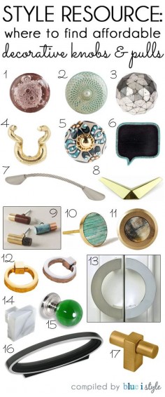 STYLE RESOURCE: Where to find affordable decorative knobs and pulls. Updating the hardware on your furniture and cabinets is one of the easiest ways to quickly update the look of your space.