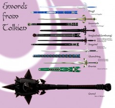 Swords from Tolkien by taghuso - 1. Ringil: Sword of Fingolfin 2. Aranruth "King's Ire": Sword of Elu Thingol 3. Anglachel(Gurthang): The cursed sword of Beleg and Turin, crafted by the dark elf; Eol. 4. Anguirel: Eol's own sword. 5. Glamdring: Sword of Turgon, Sword of Gandalf. The Foe Hammer. 6. Orcrist: Sword of Thorin. The Goblin Cleaver. A sword of Gondolin, and dreaded among orcs and goblins. 7. Grond: Mace of Morgoth. The Hammer of the Underworld.
