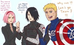 Team 7 as Captain America, Winter Soldier (Bucky), and Black Widow