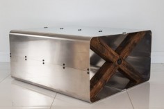 The Crest Coffee Table ™ | Rustica Hardware. Stainless Steel and distressed wood coffee table