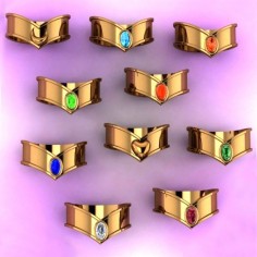 These Sailor Moon inspired tiara rings are the reason why you have ten fingers! All ten of the Sailor Scout’s are available in a shiny, finger-sized tiara with your respective choice of gemstone and metal ring band.
