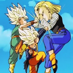 This is one of my favorite moments; whenever Trunks and Goten fight 18, but 18 still 