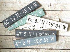 This sign is a great gift or for your home on a gallery wall. It measures appx. 4"x18" and displays the coordinates of your choice. You could choose any location- your home coordinates, your birthplace, your favorite city, the place your child was born, where you got  possibilities are endless! It is painted and distressed and comes ready to hang with a sawtooth hanger on the back. It is sealed with a clear protective coating. I will 