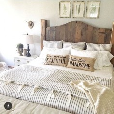 Ticking stripe bedding. Farmhouse bedding. Duvet. Wood headboard