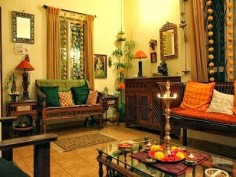 Traditional Indian Themed Living room. Every individual accessory has been tastefully chosen in keeping with the theme. Serene and traditional living room.